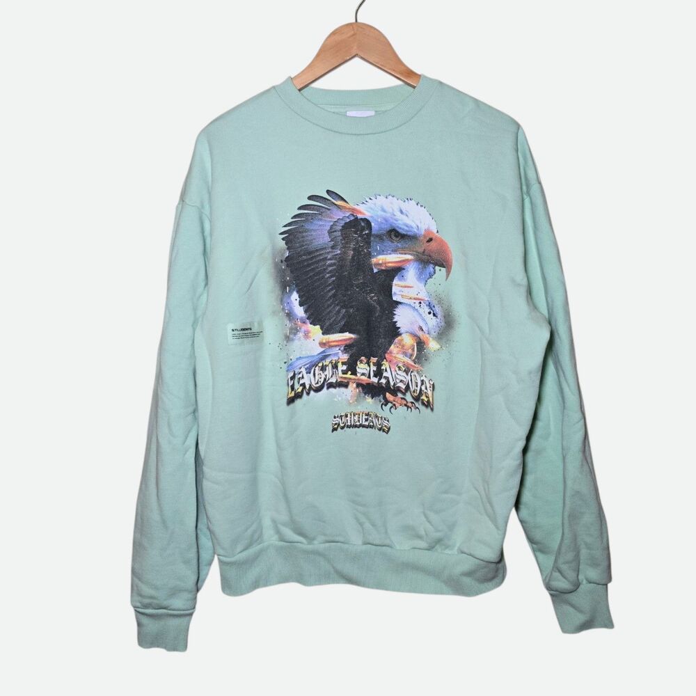 STUDENTS Mens Large Eagle Season Graphic Crewneck Sweatshirt Mint Light Green